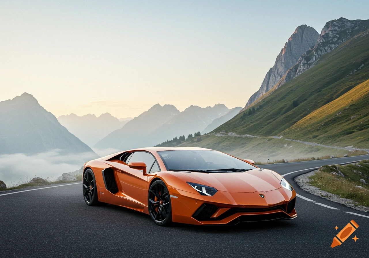 An orange Lamborghini Aventador sports car is parked on a winding mountain road with misty mountains in the background at sunrise.