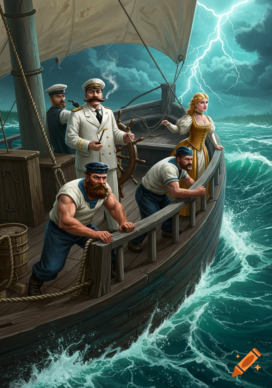 Illustration of a captain, sailors, and a woman on a wooden sailing boat on a stormy sea with lightning in the sky.
