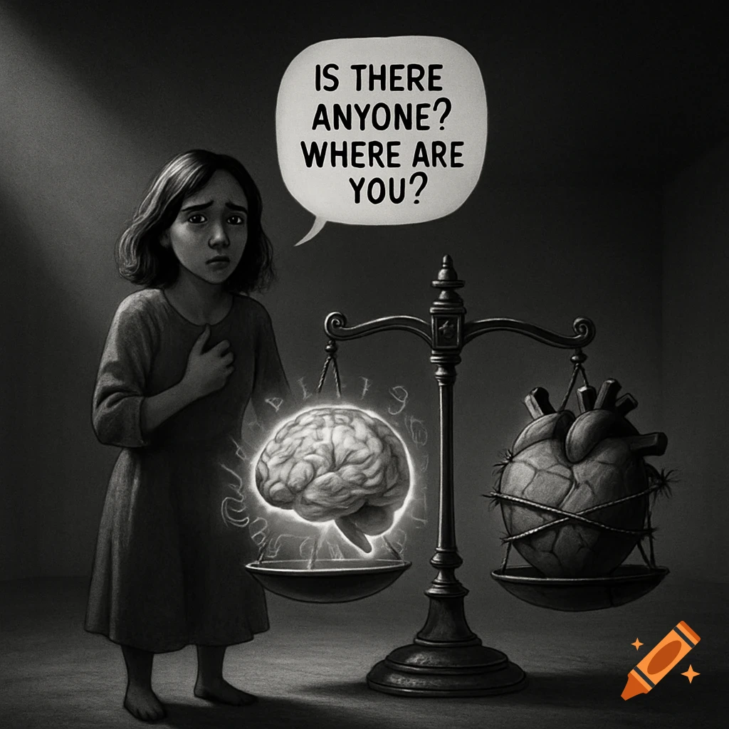 An anxious girl stands next to a scale with a glowing brain on one side and a barbed-wire heart on the other, speaking "IS THERE ANYONE? WHERE ARE YOU?"