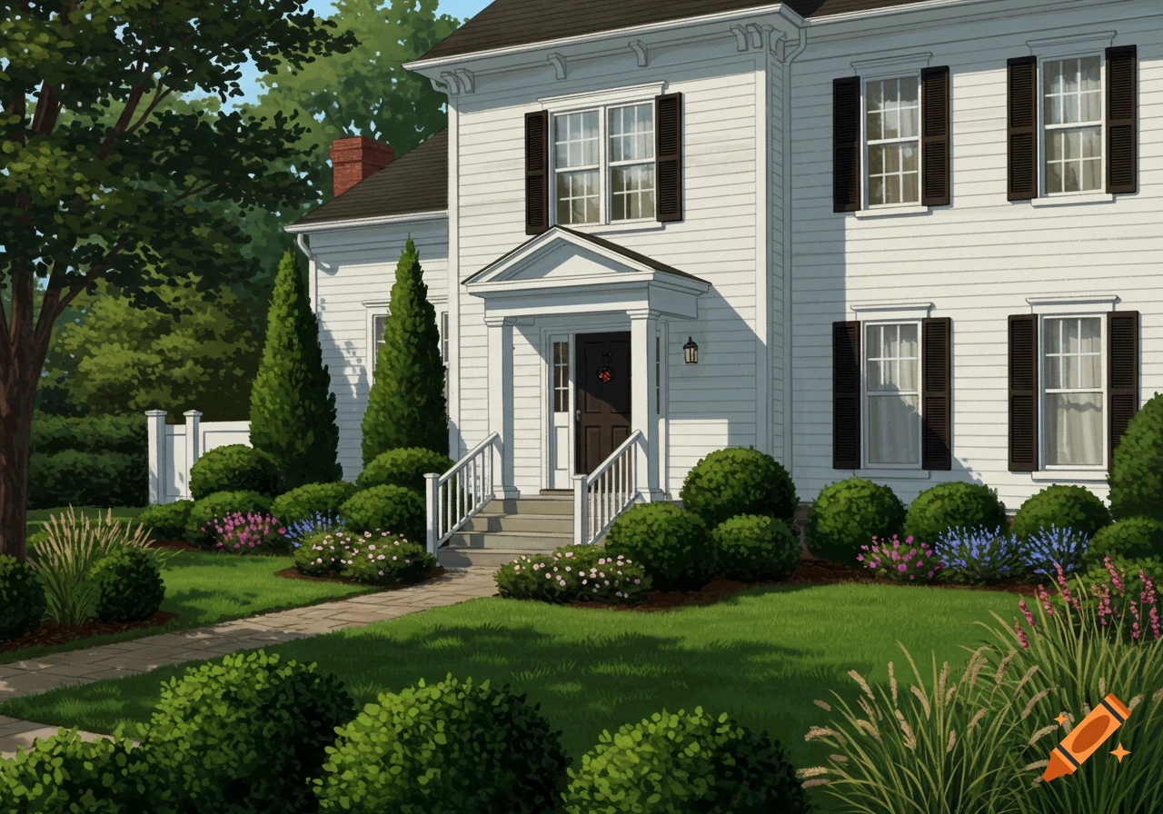 A stylized illustration of a white American Four Square house with black shutters and a lush, balanced front garden.