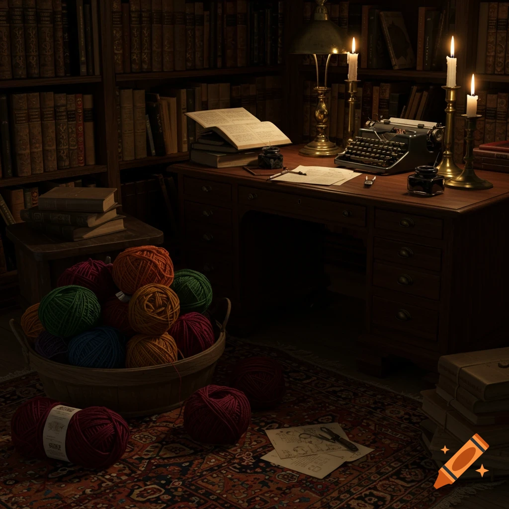 A dark academia-style study with bookshelves, a desk with a typewriter and candles, and a basket overflowing with colorful yarn balls.