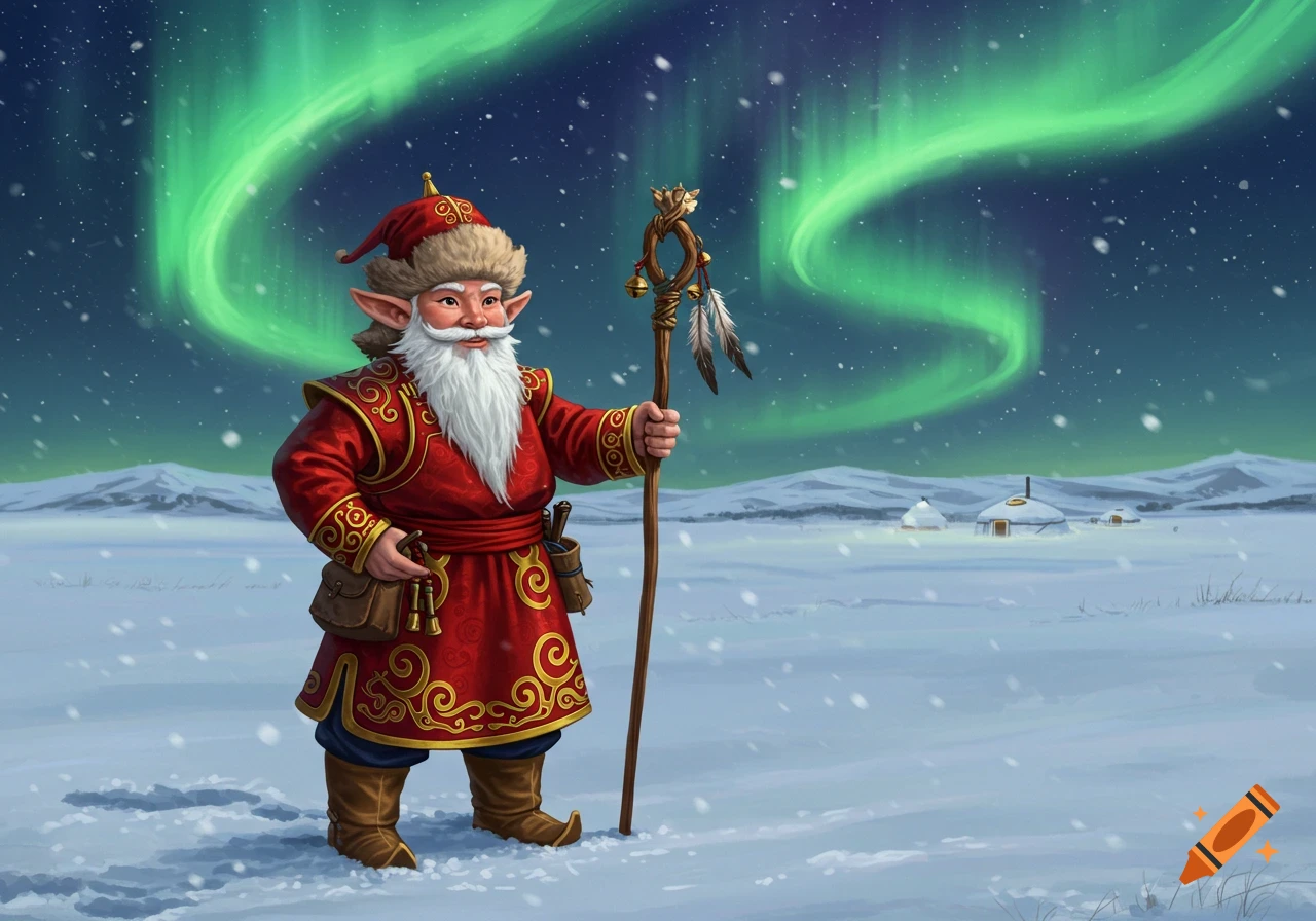 A Mongolian-inspired Santa-like gnome in a red fur-trimmed robe holds a staff in a snowy landscape under the Northern Lights.