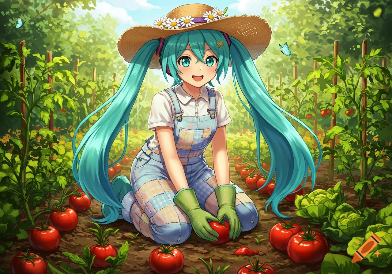Hatsune Miku in a straw hat and overalls, wearing green gloves, kneeling in a garden surrounded by tomato plants and harvesting tomatoes.