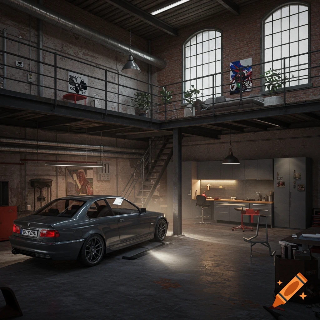 A photorealistic image of a dark grey BMW E46 coupe parked in a spacious industrial-style garage loft with a mezzanine, brick walls, a modern kitchen area, and large arched windows.