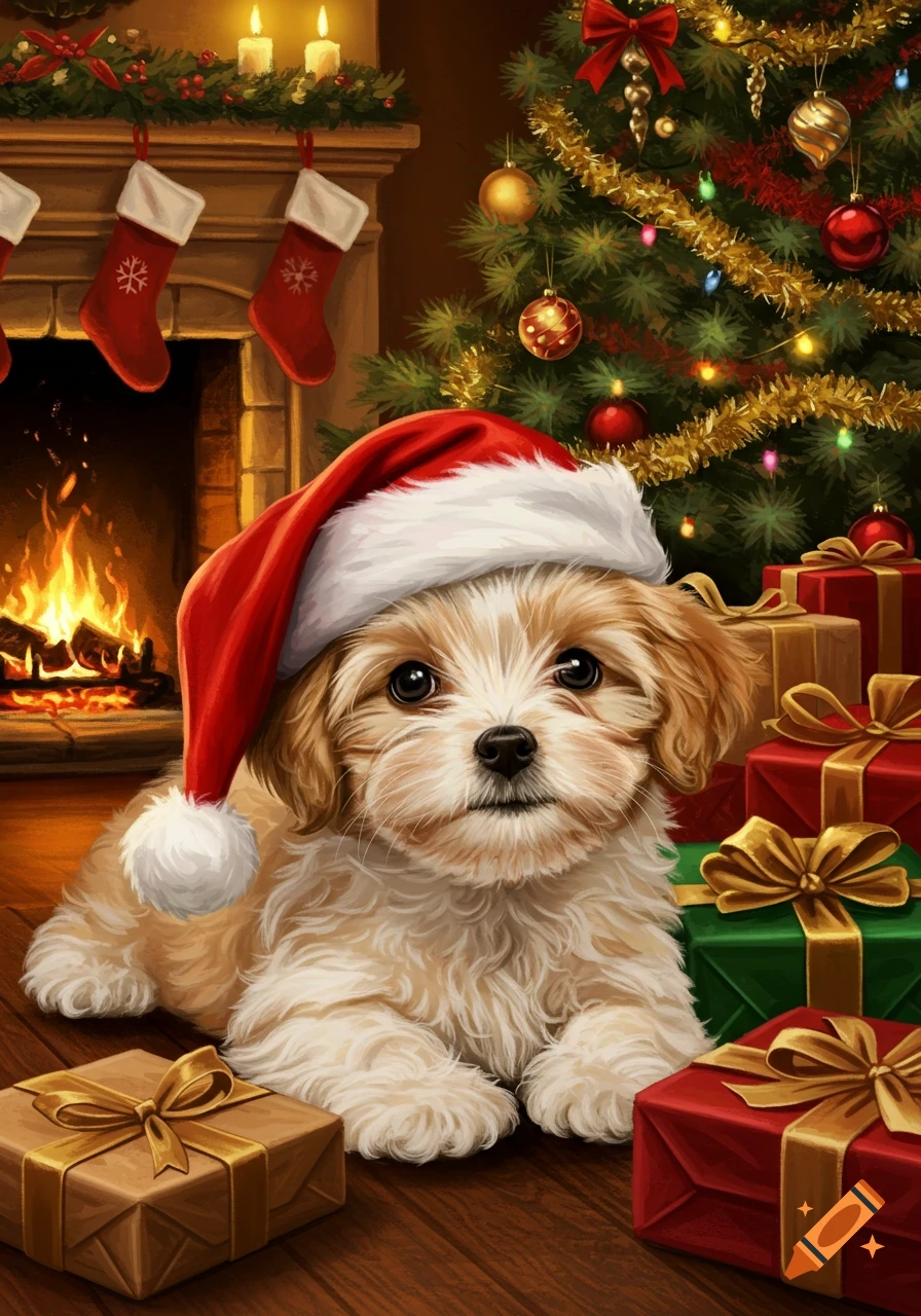 An illustrated Havanese puppy wearing a Santa hat sits among Christmas presents, with a fireplace and decorated tree in the background.