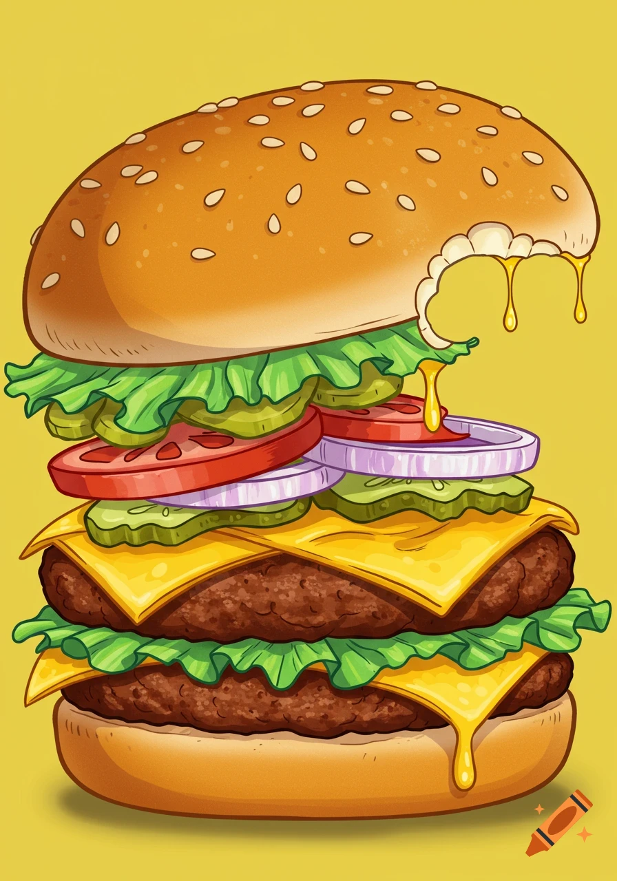 A tall, cartoonish cheeseburger with two patties, a bite taken out of the top bun, and cheese dripping, against a yellow background.