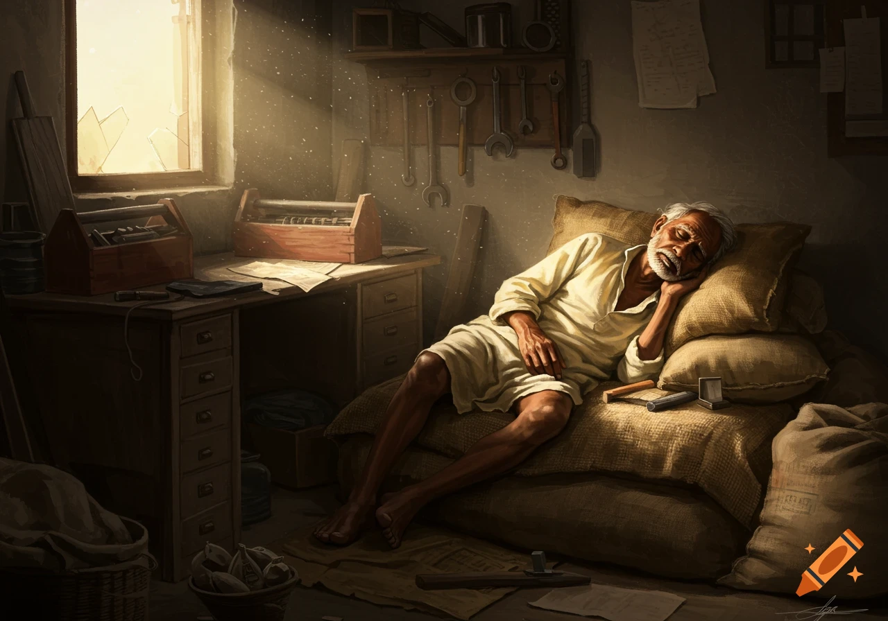 An old Indian man sleeps on a bed of sacks in a dimly lit workshop, sunbeams shining through a broken window.