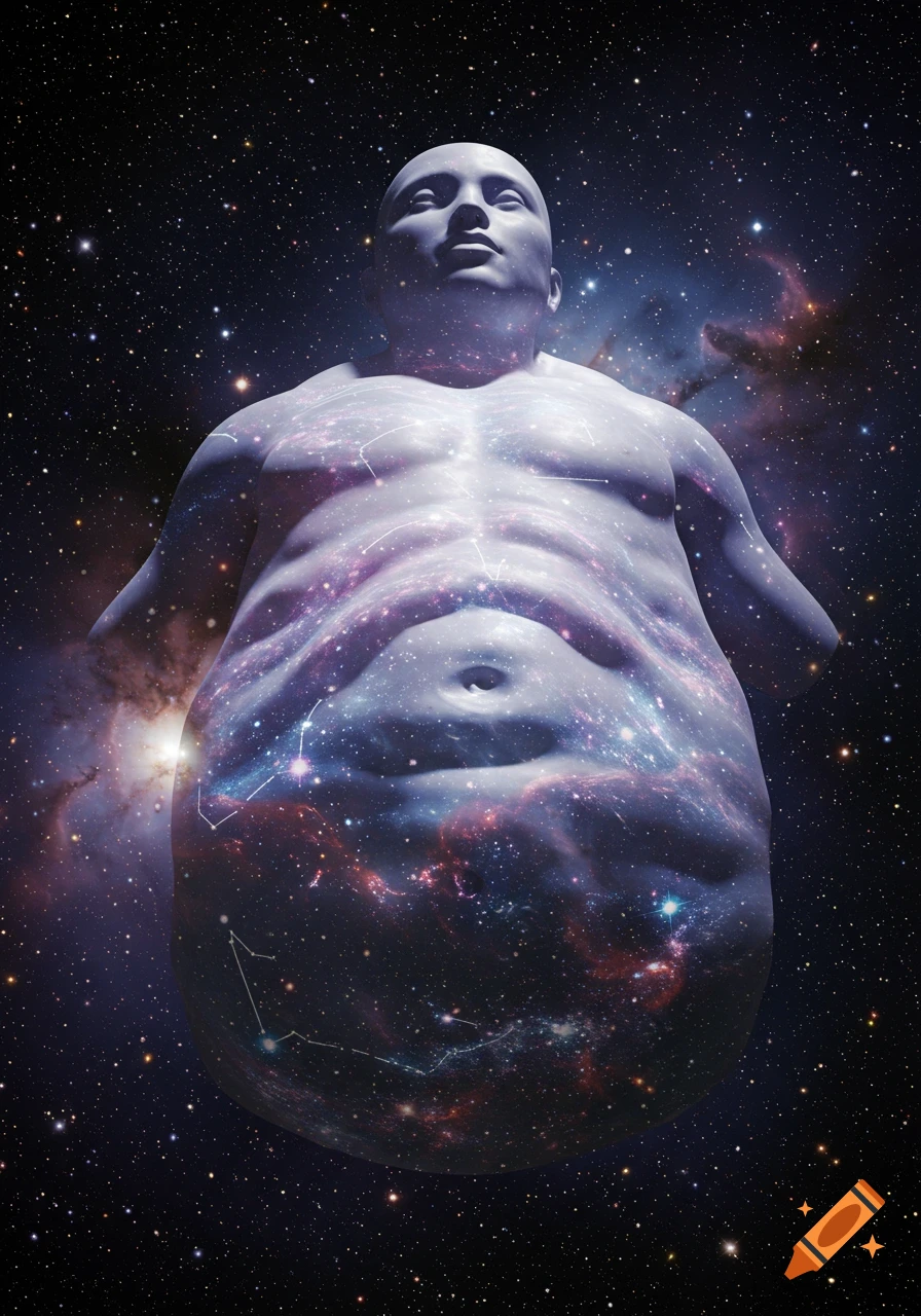 A bald, human-like figure with a galaxy-filled body and constellation lines floats in deep space.