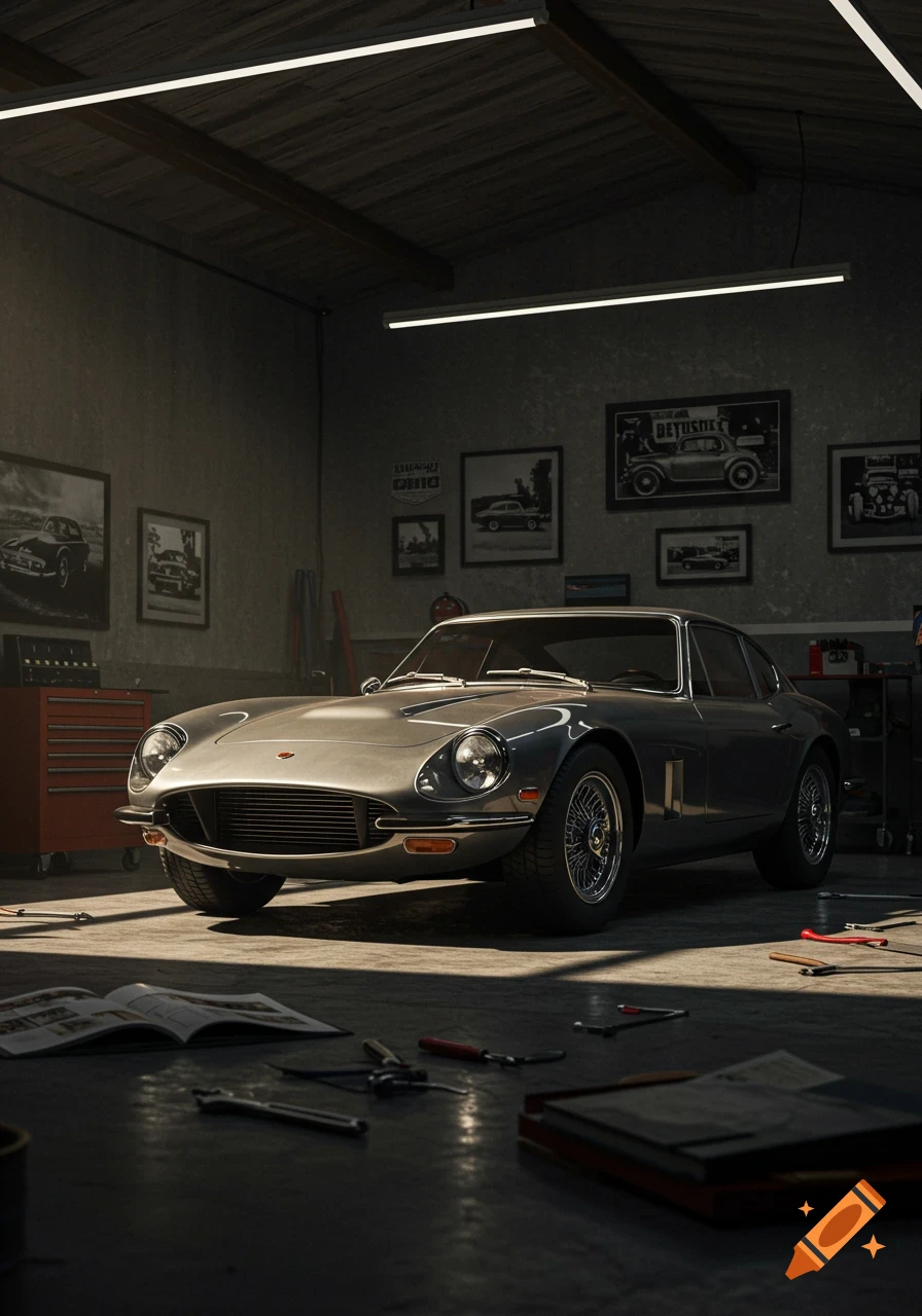 A sleek silver classic sports car parked in a dimly lit garage with tools on the floor and car-themed posters on the wall, photorealistic style.