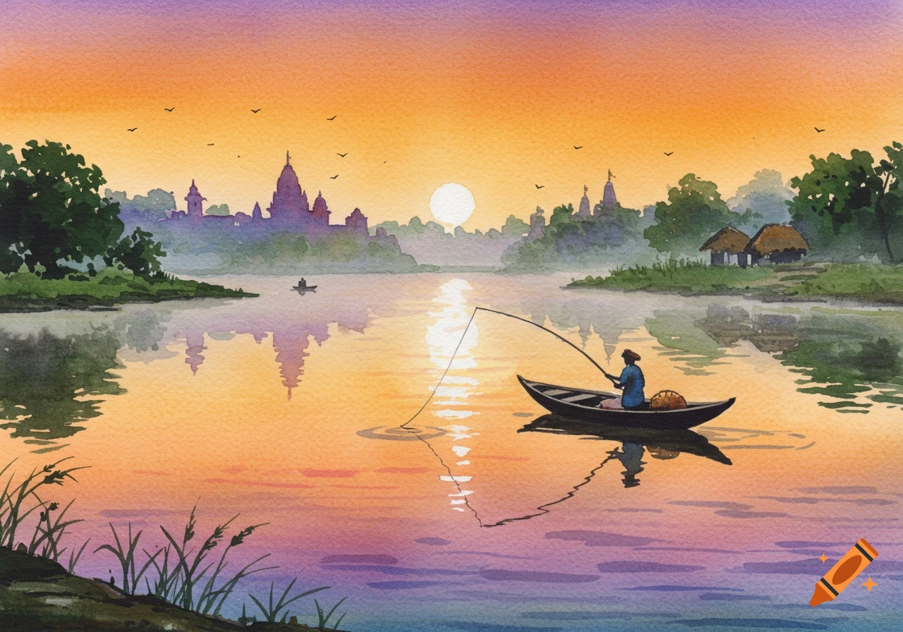 Vibrant watercolor illustration of a lone fisherman in a boat on an Indian river at sunrise, with temples on the misty banks.
