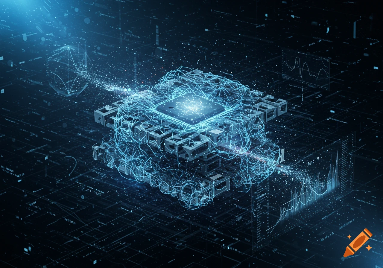 A glowing blue CPU surrounded by intricate networks of light and abstract data in a dark digital space, depicting AI.