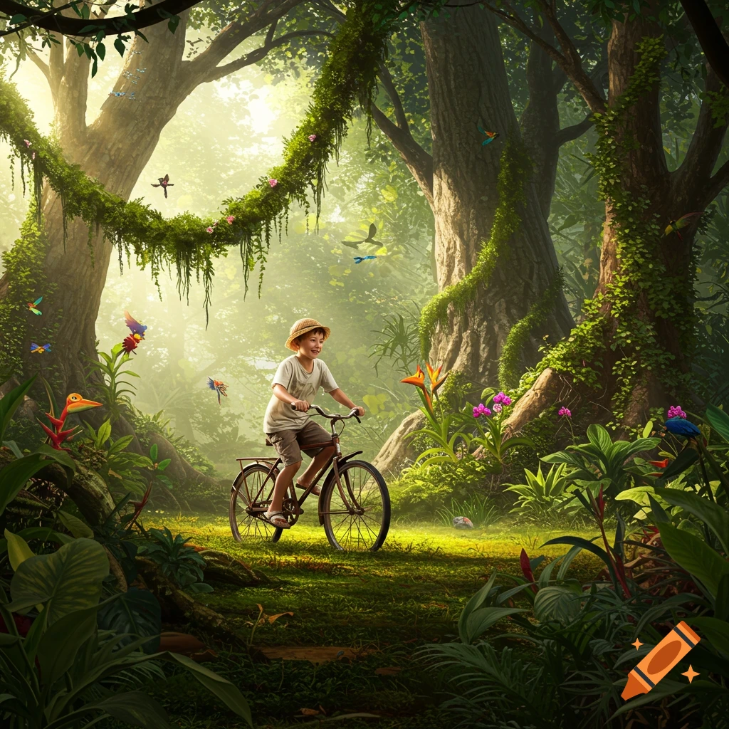 A young boy on a bicycle rides through a sunlit, lush jungle with colorful birds and exotic plants.