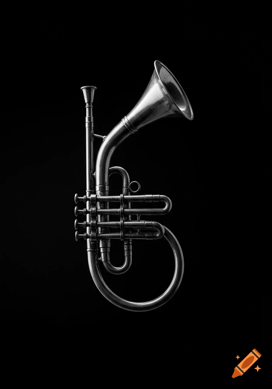 Black and white photo of a silver horn, possibly a cornet or flugelhorn, against a solid black background.