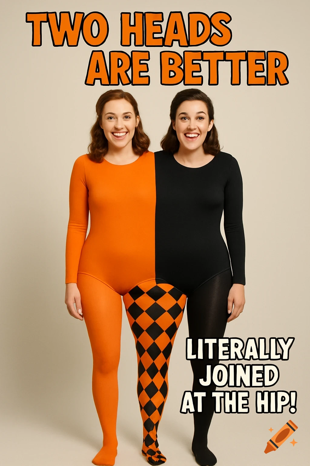 A promotional photo of two women conjoined into a single body with two heads and three legs, wearing an orange and black leotard.