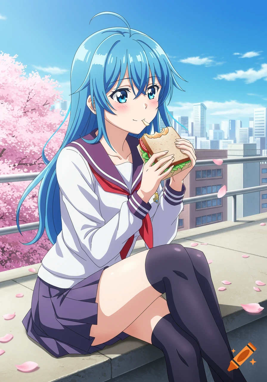 Blue-haired anime schoolgirl in uniform eating a sandwich outdoors with cherry blossoms and city background.