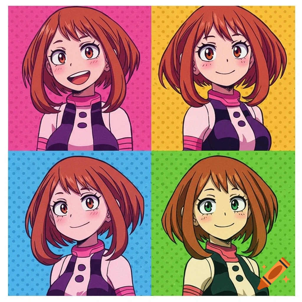 Four-panel Pop Art illustration of the anime character Ochako Uraraka with varied expressions and colored backgrounds.