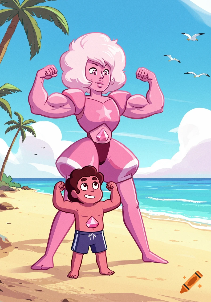 Cartoon of Pink Diamond and Steven Universe flexing their muscles on a sunny beach with palm trees and seagulls.