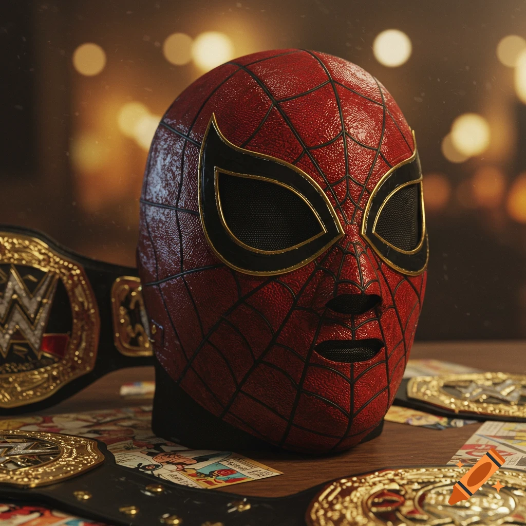A detailed red and black Spider-Man inspired luchador mask with gold trim sits on a wooden table with wrestling belts and cards.