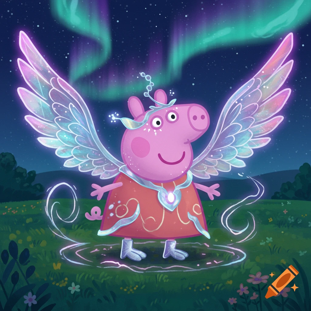 Peppa Pig with glowing fairy wings and a red dress, standing in a magical field under a starry night sky with an aurora.