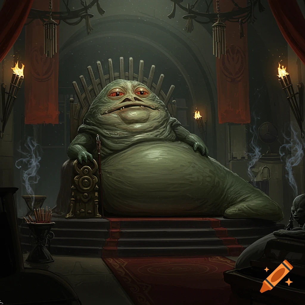 A large, green, slug-like alien with red eyes, Jabba the Hutt, sits on ...