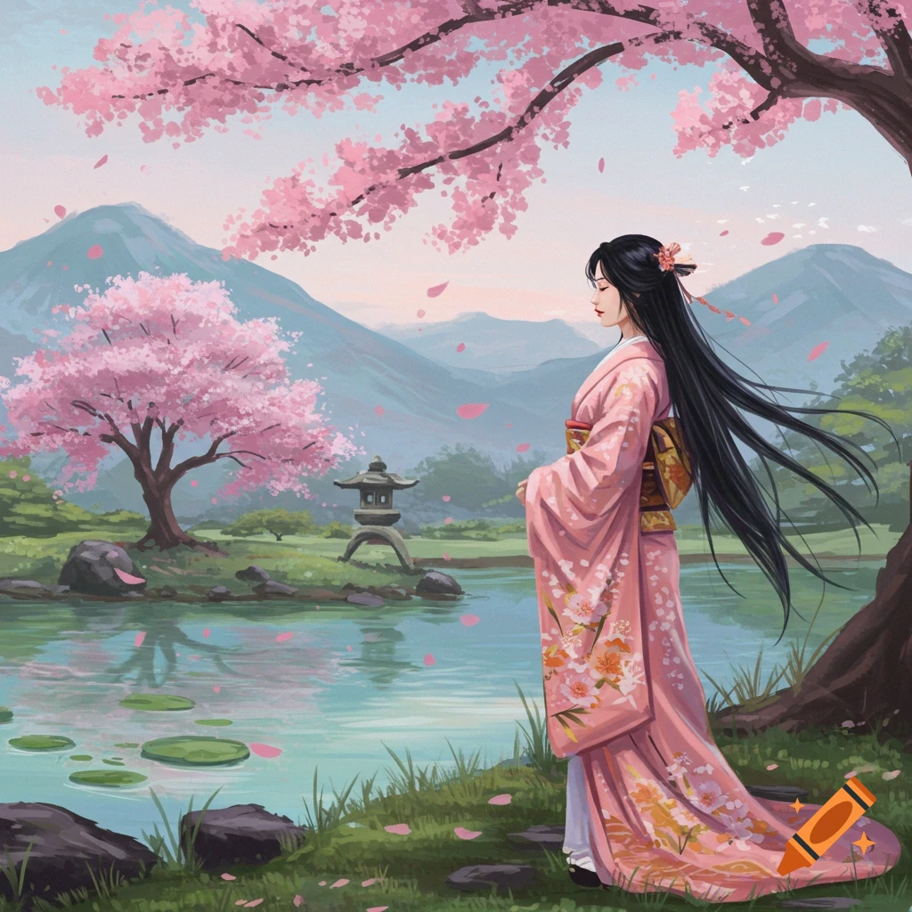 A Japanese woman in a pink kimono stands by a pond under cherry blossoms with mountains in the background, in an anime art style.