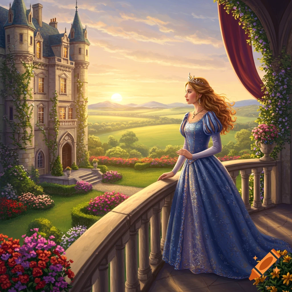 A princess in a blue gown and tiara stands on a castle balcony, overlooking a vibrant garden at sunset.