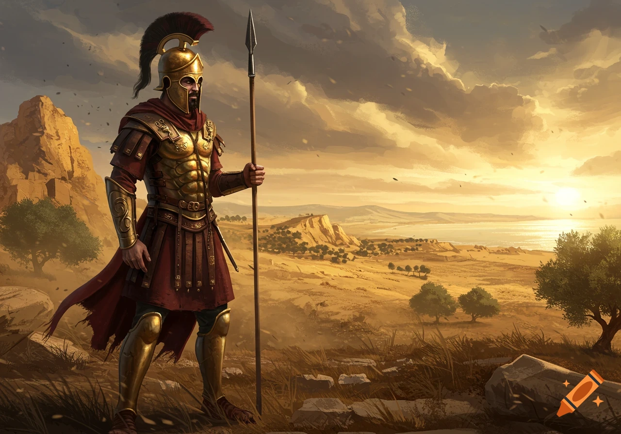 An ancient warrior in golden and red armor, holding a spear, stands in a desert landscape at sunset.