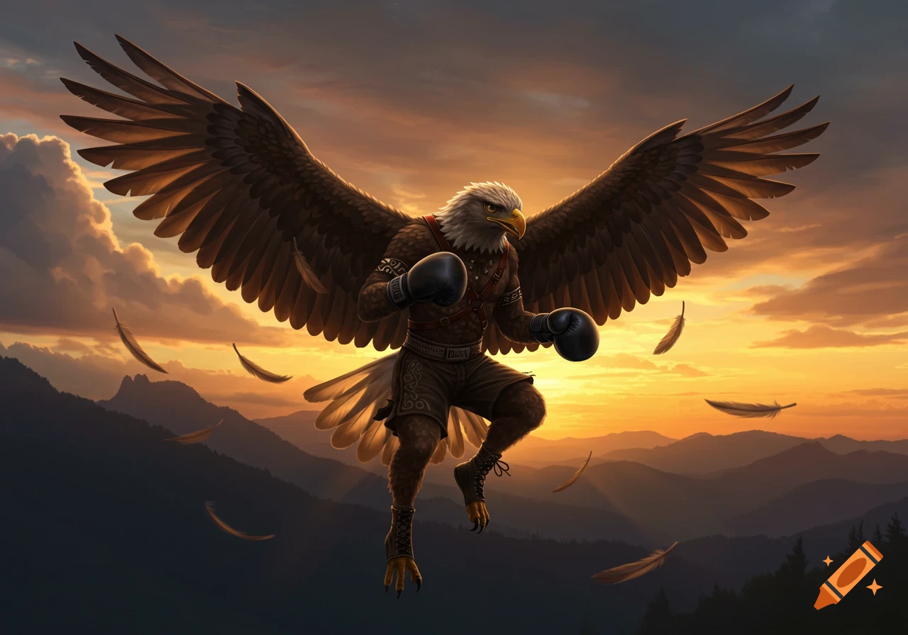 An anthropomorphic eagle with boxing gloves and shorts flies over a mountainous landscape at sunset, with feathers falling.