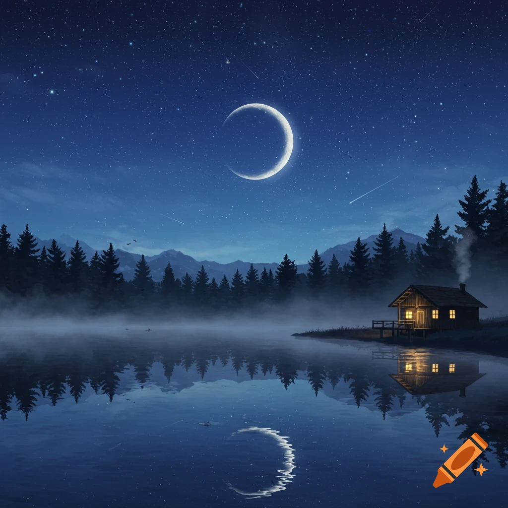 A picturesque cabin with glowing windows by a misty lake under a crescent moon and starry night sky, surrounded by pine trees.