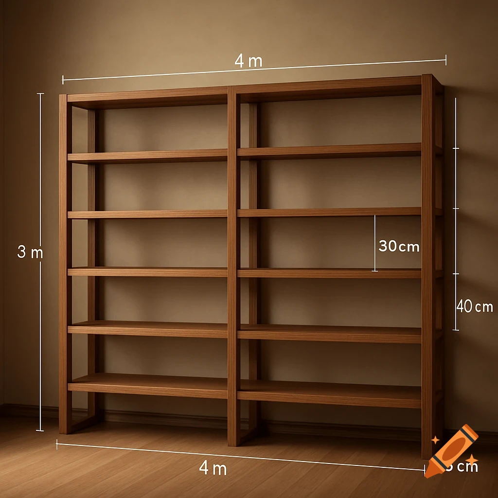 A wooden bookshelf with multiple shelves, labeled with dimensions including 3m height, 4m length, 40cm shelf spacing, and 5cm shelf thickness.