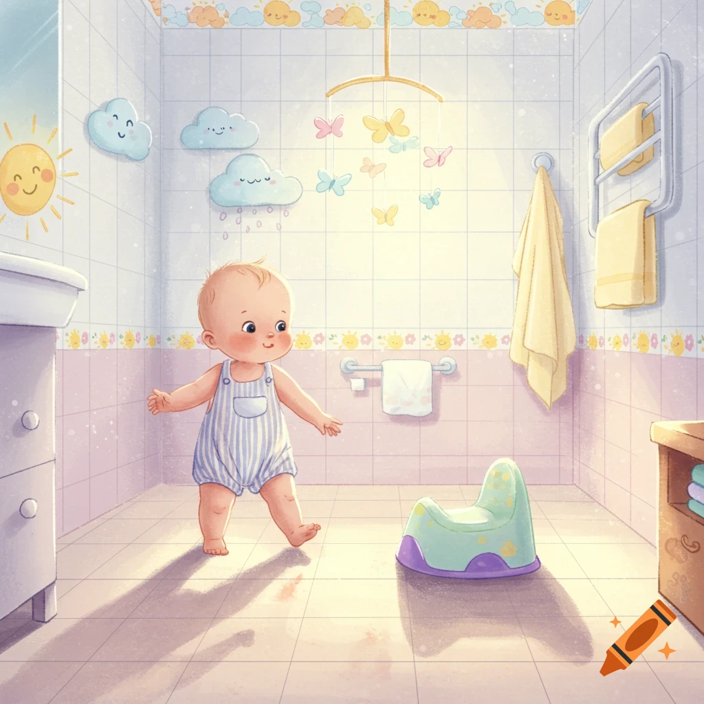 A cute baby in overalls stands in a pastel-colored bathroom with a potty, rendered in a charming childlike illustration style.