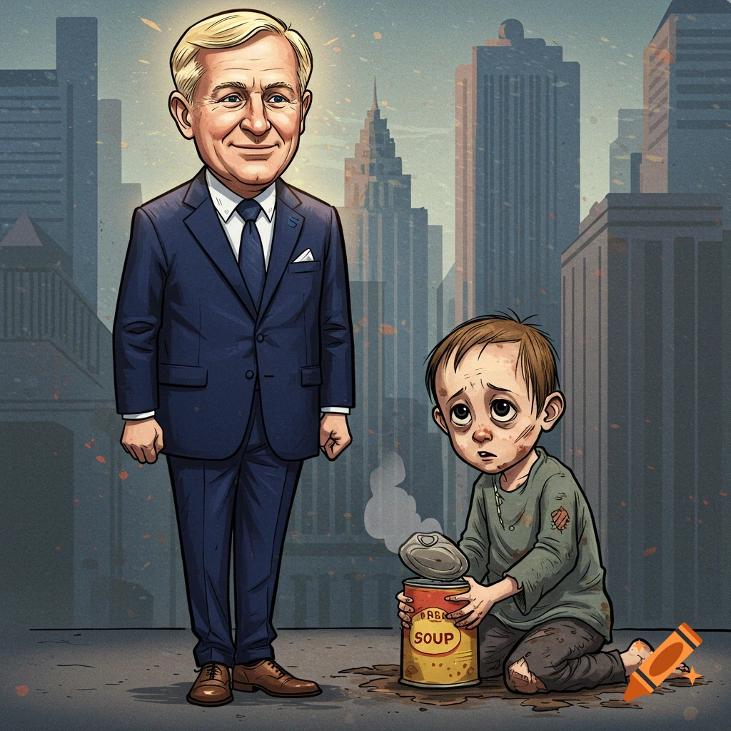 A political cartoon showing a smiling blond politician in a suit standing over a sad, barefoot child kneeling and holding an open soup can, with a city skyline in the background.