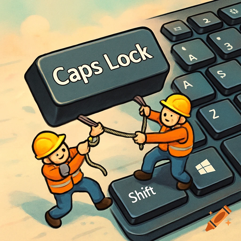 Two cartoon workers in safety vests and helmets pull a large 'Caps Lock' key from a computer keyboard.
