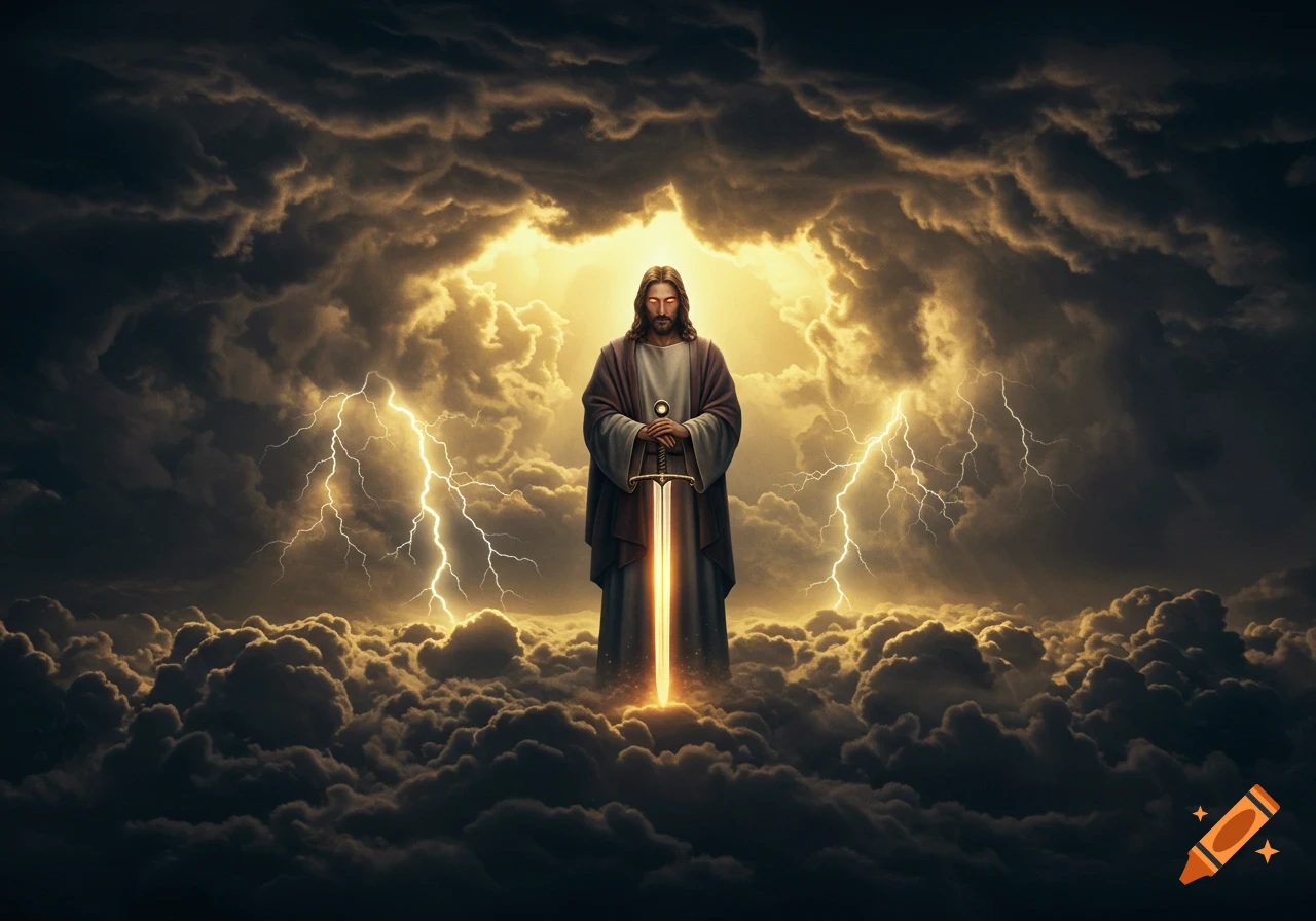 Jesus stands in stormy clouds, holding a glowing sword, surrounded by lightning in a dramatic, apocalyptic setting.