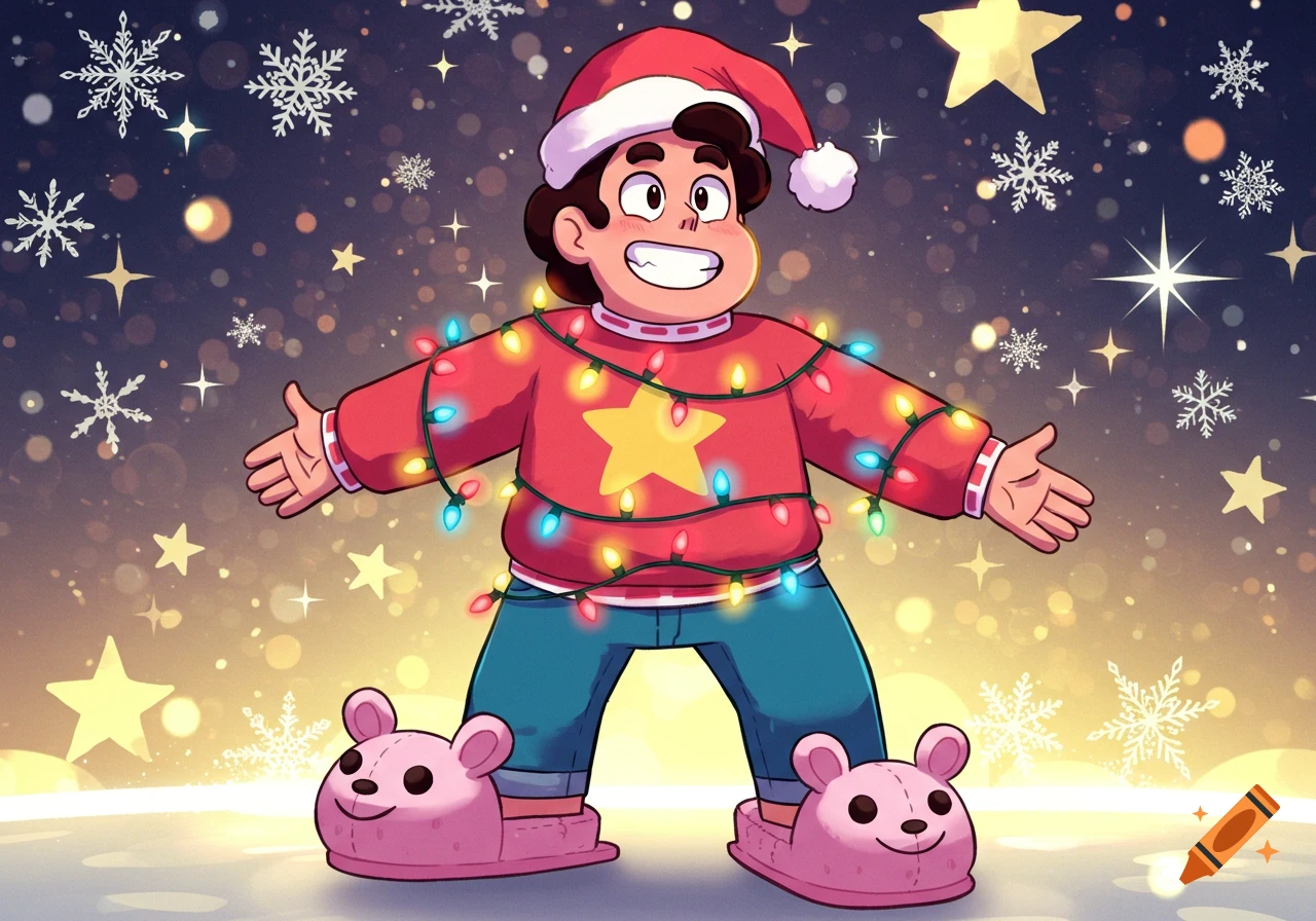 Steven Universe, wearing a Santa hat and a red sweater with a yellow star, is tangled in colorful Christmas lights and wears pink bear slippers.