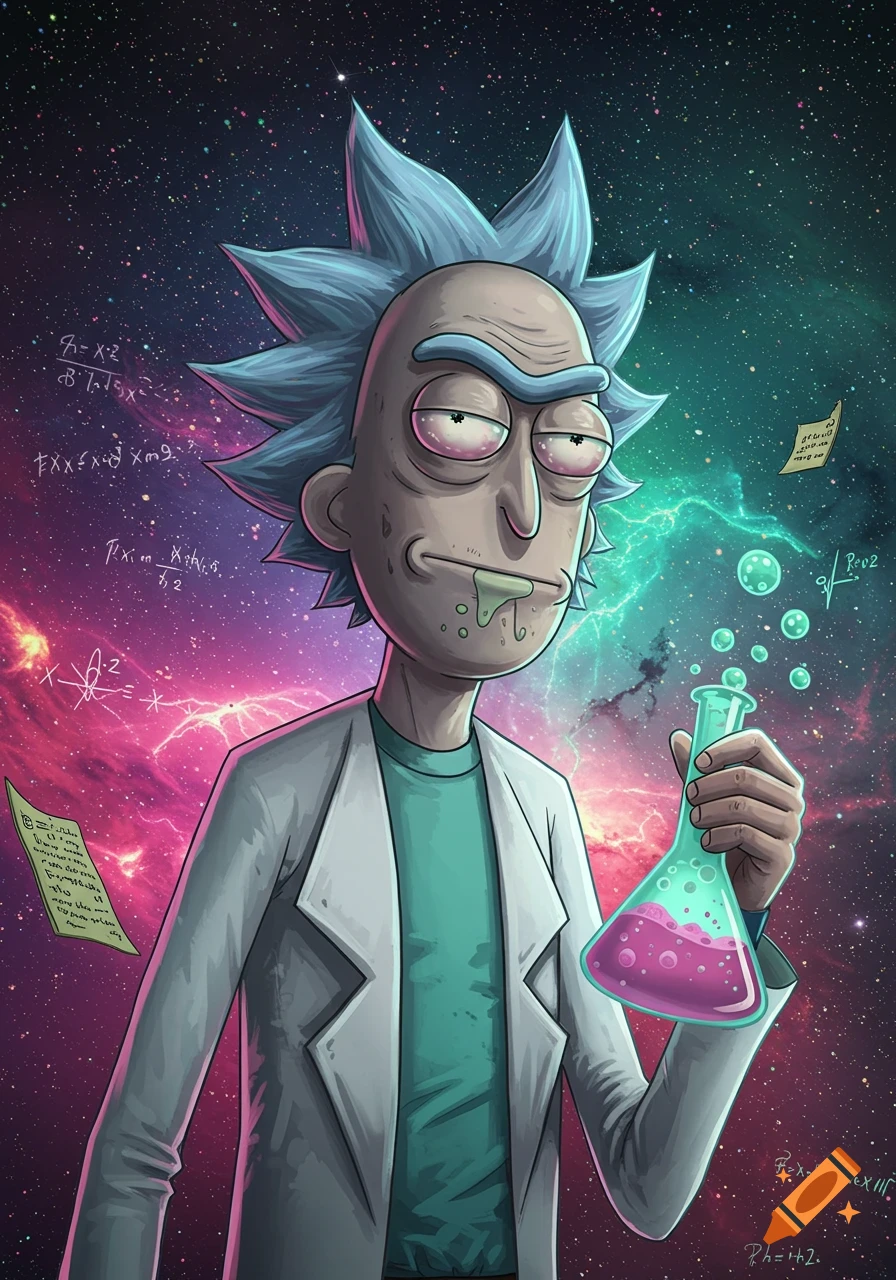 Cartoon character Rick Sanchez holds a flask with pink liquid, surrounded by a cosmic background with scientific equations.