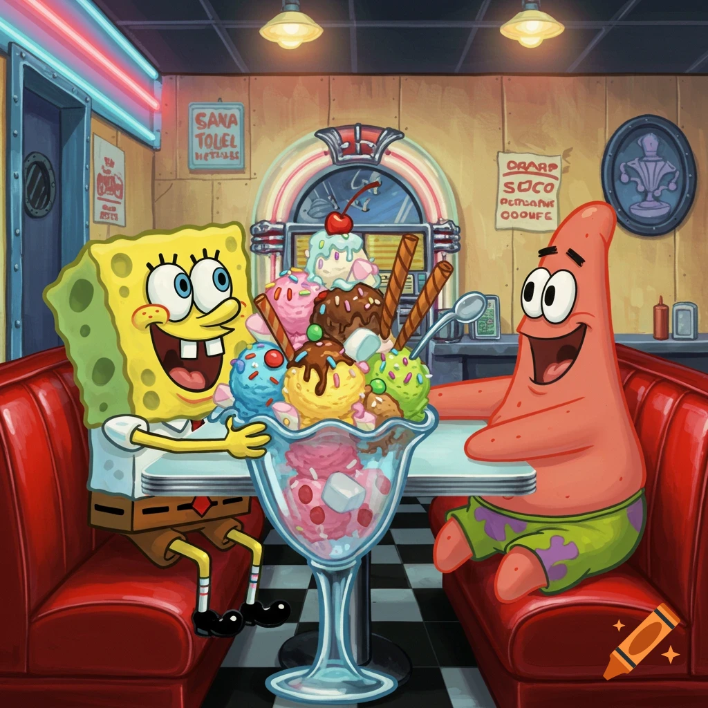 Spongebob and Patrick happily sharing a giant ice cream sundae at a retro diner with a jukebox in the background.