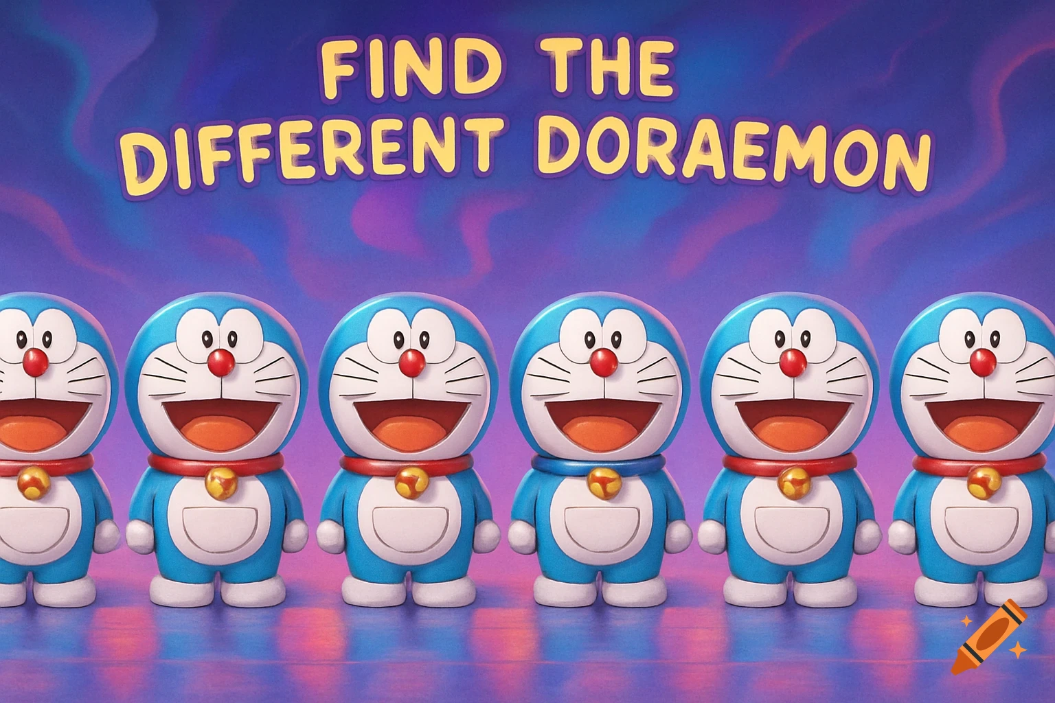 Six blue and white Doraemon characters with red collars are lined up against a blue and purple swirled background. Text above reads "FIND THE DIFFERENT DORAEMON".