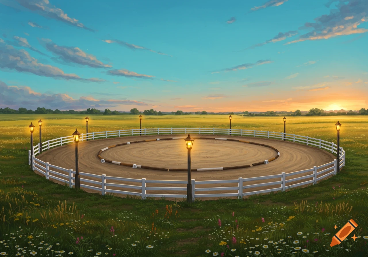 A circular horse lungeing arena with a white fence and illuminated lampposts, surrounded by a grassy field at sunset. Digital painting style.