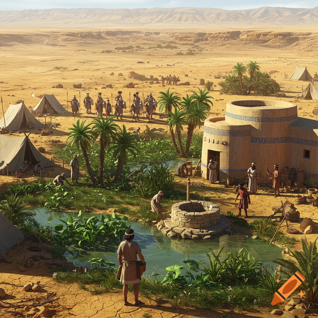 Ancient desert settlement with people, tents, a well, a round building, and palm trees; mounted soldiers in the background.