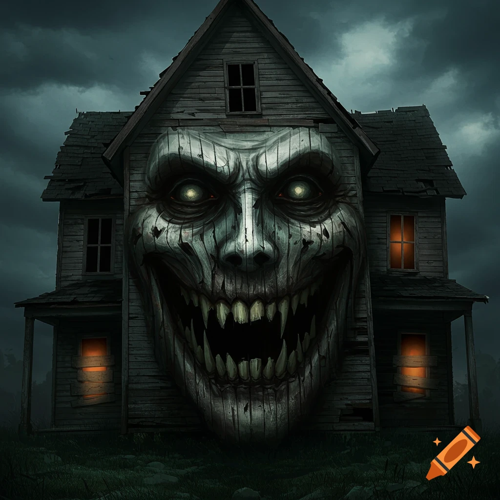A creepy, dilapidated house with a monstrous, grinning face and glowing eyes integrated into its front, under a dark, cloudy sky.