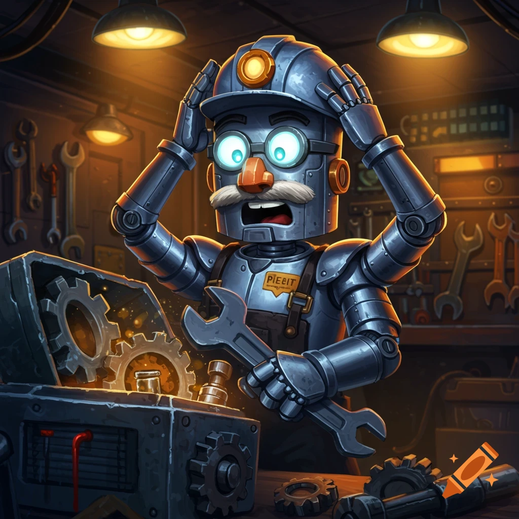 Cartoon metal robot mechanic in a workshop, hands on head with a distressed expression next to an open gearbox.