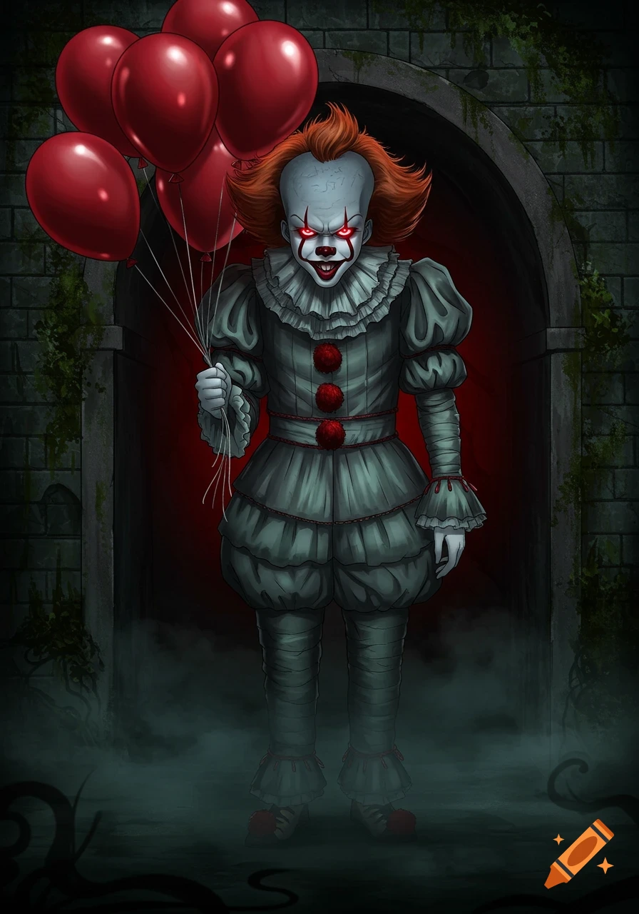 Anime-style Pennywise the clown with a menacing smile, glowing red eyes, red hair, holding red balloons in a dark, misty sewer archway.