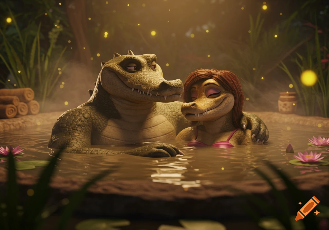 A male and female anthropomorphic crocodile couple relaxing in a steaming mud hot tub with lotus flowers and fireflies, 3D animation.