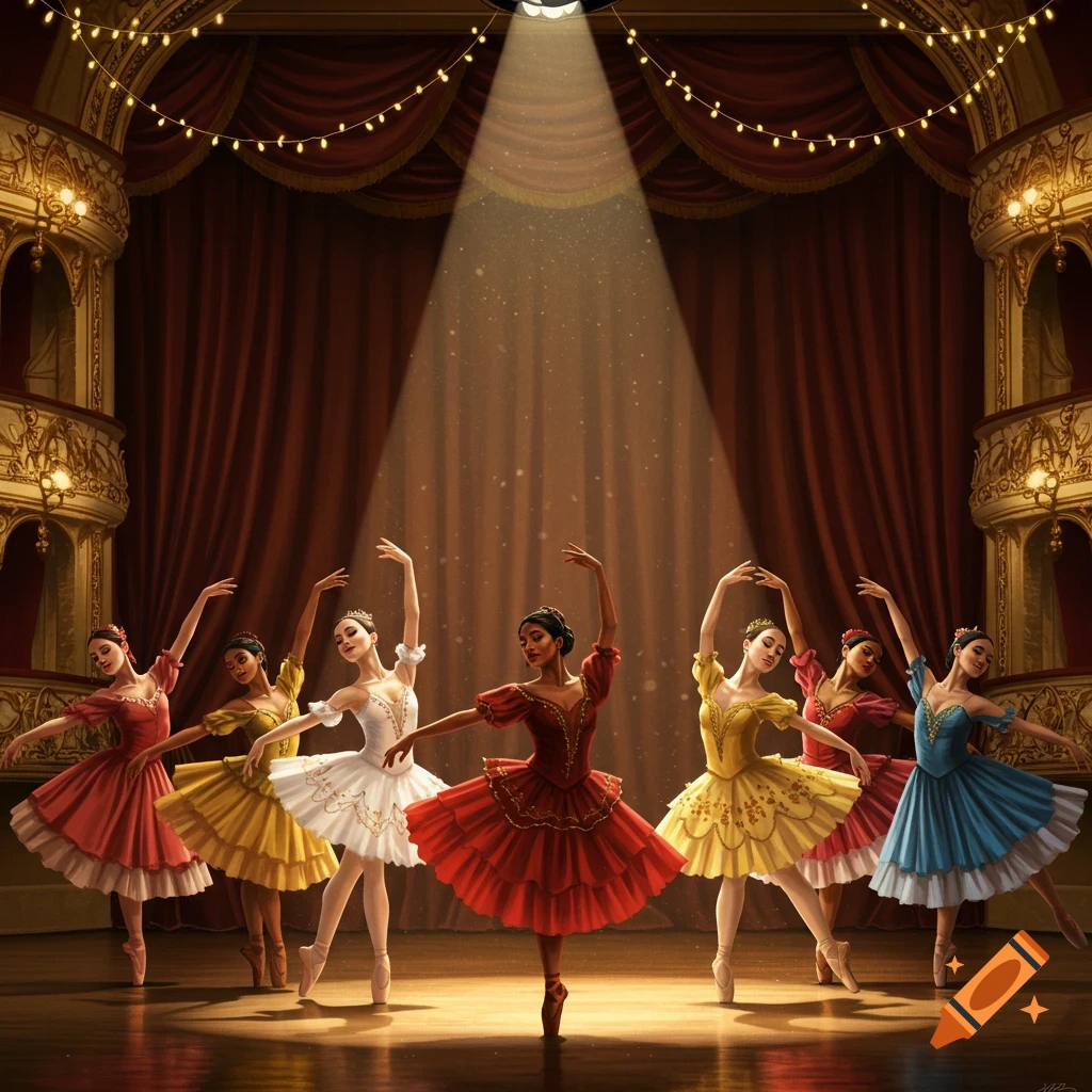 Seven ballerinas in colorful tutus pose gracefully on a spotlighted theater stage with red curtains and ornate balconies.