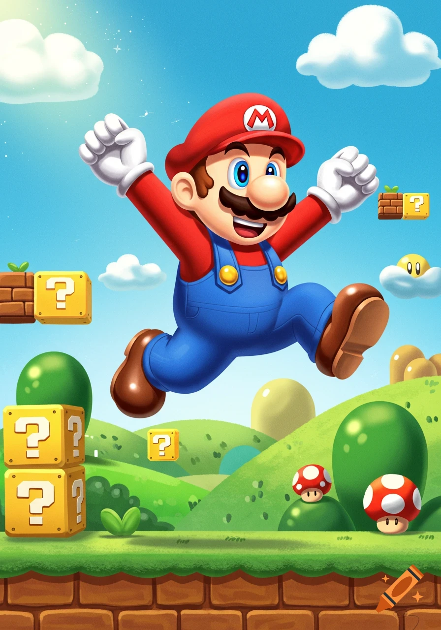Cartoon Mario jumps in a bright Super Mario Bros. landscape with question mark blocks and mushrooms.