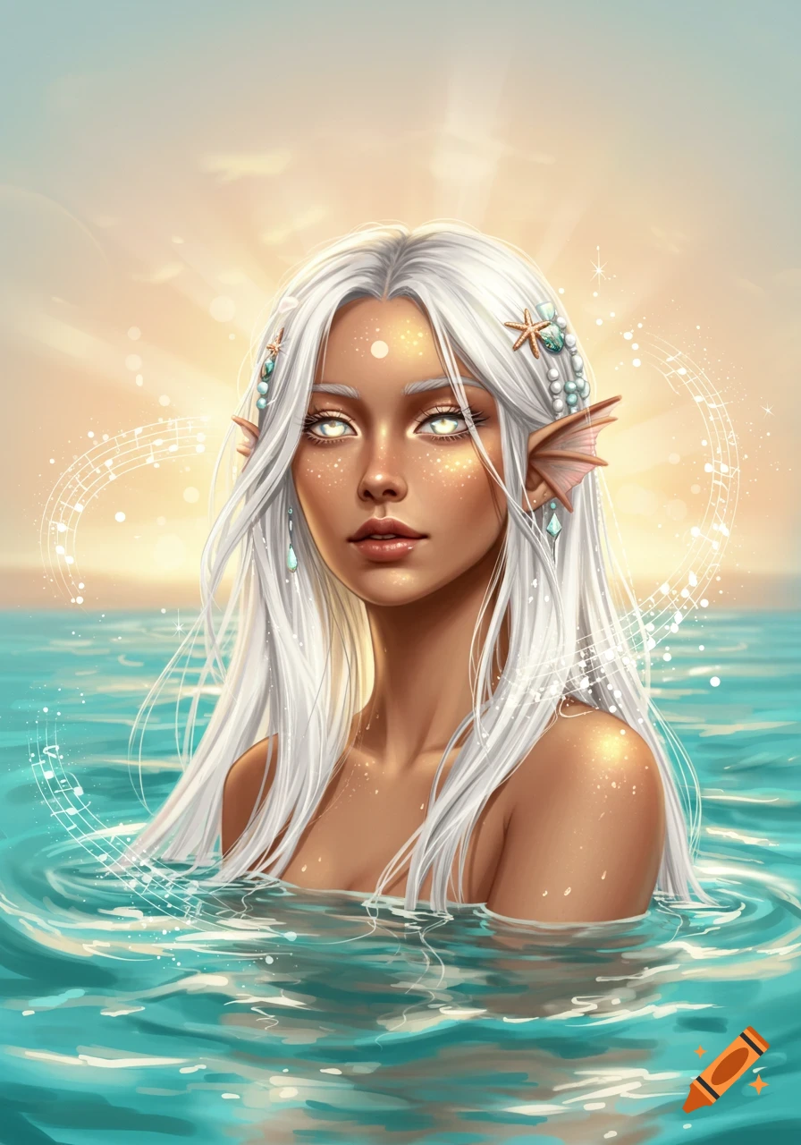 A fantasy illustration of a white-haired siren with glowing eyes and fin-like ears in turquoise water at sunset, surrounded by decorative musical notes.