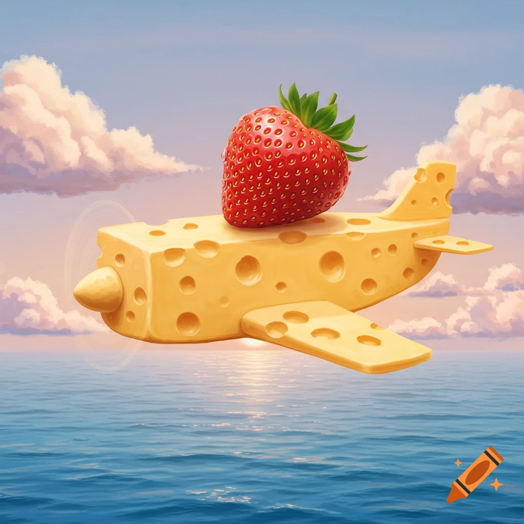 A whimsical illustration of an airplane made of Swiss cheese with a large strawberry on top, flying over the ocean at sunset.