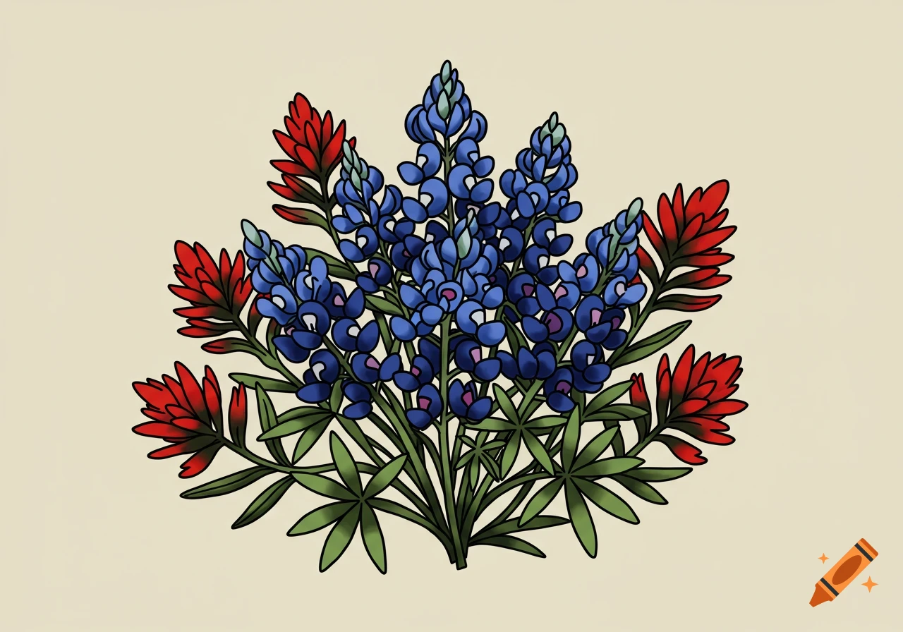 A stylized illustration of a bouquet of bluebonnet flowers with red Indian paintbrush flowers behind and to the sides.