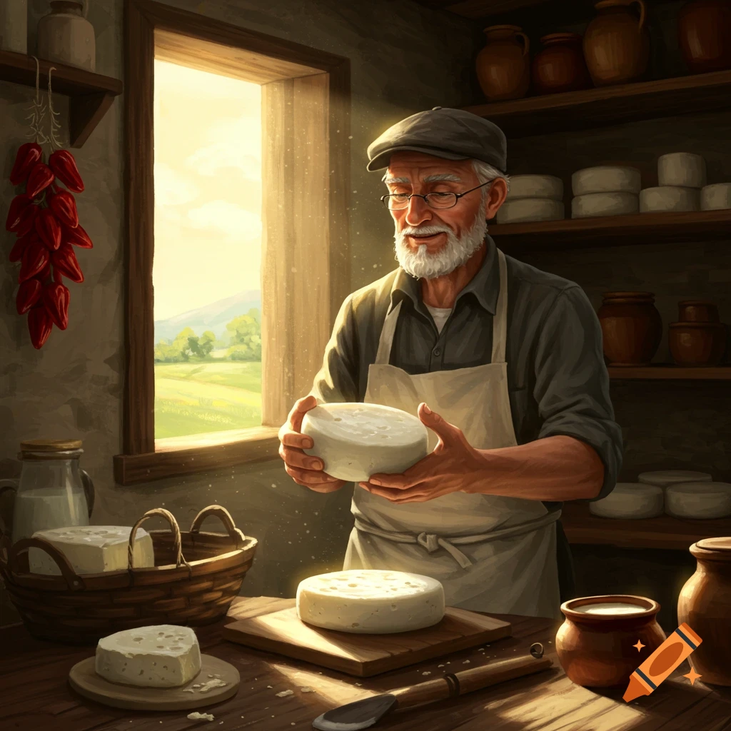 An old cheesemaker in an apron and cap holds a round of cheese in a rustic room with a window and shelves of cheese.